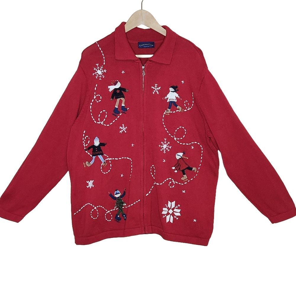 Vintage Charter Club Holiday Ice Skater Full Zip Novelty Cardigan Sweater 2X